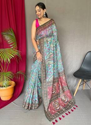 Light Blue Cotton Printed Kalamkari Pattern Saree 2