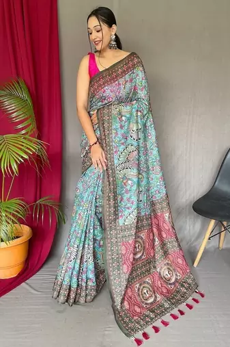 Light Blue Cotton Printed Kalamkari Pattern Saree