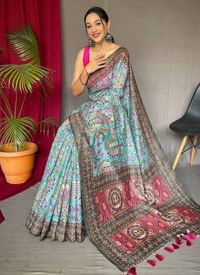 Light Blue Cotton Printed Kalamkari Pattern Saree 3
