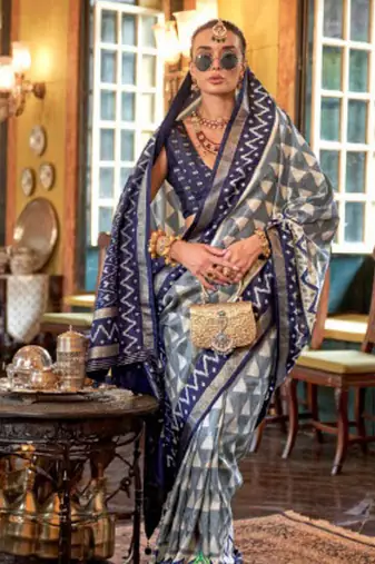 Grey silk blend printed saree with unstitched blouse