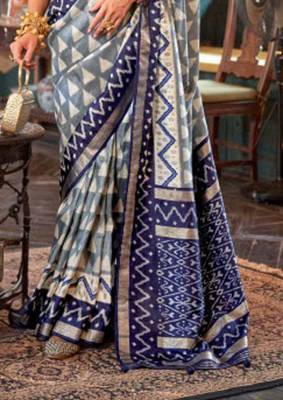 Grey silk blend printed saree with unstitched blouse 3