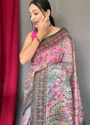 Light Pink Cotton Printed Kalamkari Pattern Saree 1