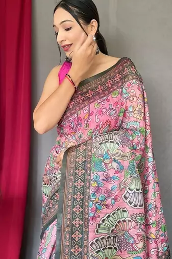 Light Pink Cotton Printed Kalamkari Pattern Saree