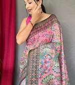 Light Pink Cotton Printed Kalamkari Pattern Saree