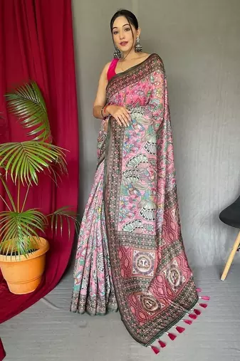Light Pink Cotton Printed Kalamkari Pattern Saree