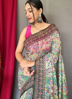 Light Green Cotton Printed Kalamkari Pattern Saree 1