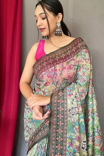 Light Green Cotton Printed Kalamkari Pattern Saree
