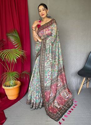 Light Green Cotton Printed Kalamkari Pattern Saree 2