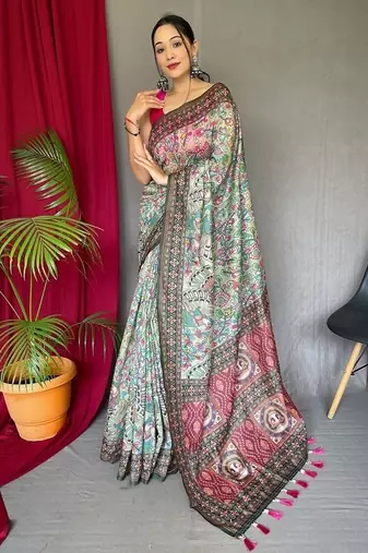 Light Green Cotton Printed Kalamkari Pattern Saree