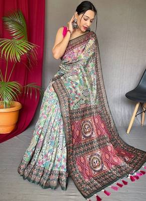 Light Green Cotton Printed Kalamkari Pattern Saree 3