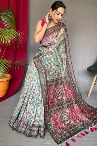 Light Green Cotton Printed Kalamkari Pattern Saree