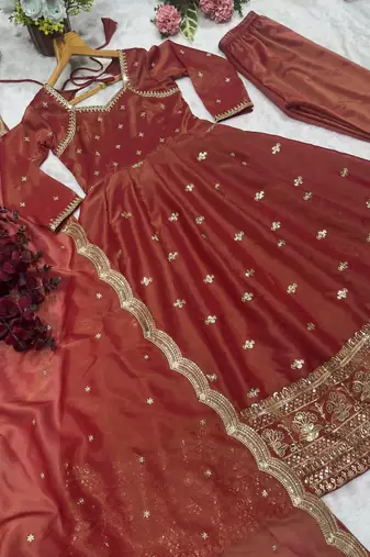 Dual Tone Dark orange EMBROIDERY PARTY WEAR SUIT SET 