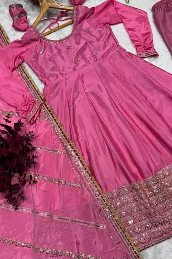 PINK VICHITRA SILK EMBROIDERY  PARTY WEAR SUIT SET 