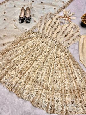 CREAM CHINON SILK EMBROIDERY PARTY WEAR SUIT SET  7