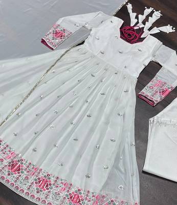 WHITE Faux Blooming EMBROIDERY Anarkali SUIT 7