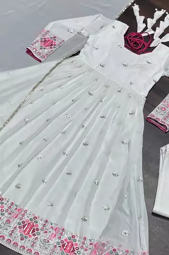 WHITE Faux Blooming EMBROIDERY Anarkali SUIT