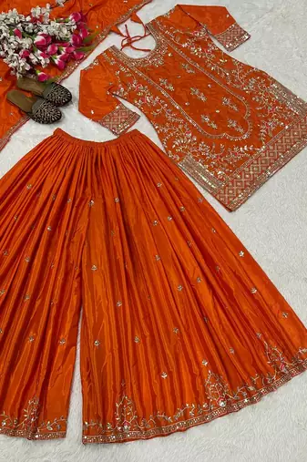 ORANGE CRAPE EMBROIDERY WORK FULL STICHED BLOUSE SAREE