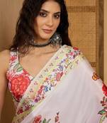 white satin georgette printed saree with unstitched blouse