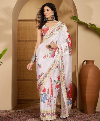 white satin georgette printed saree with unstitched blouse 2