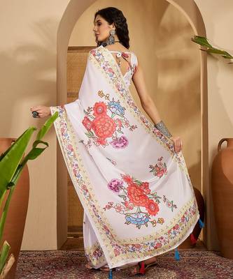 white satin georgette printed saree with unstitched blouse 3