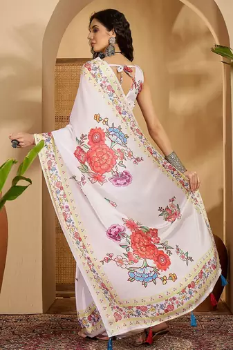 white satin georgette printed saree with unstitched blouse