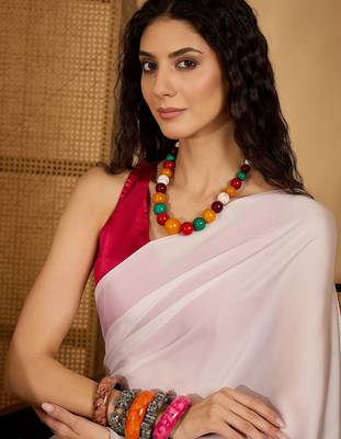 white satin georgette printed saree with unstitched blouse 2