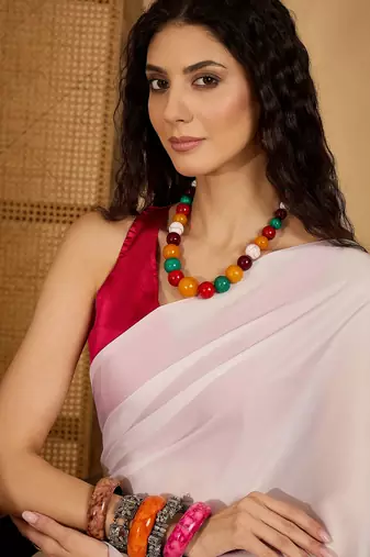 white satin georgette printed saree with unstitched blouse