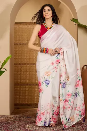 white satin georgette printed saree with unstitched blouse