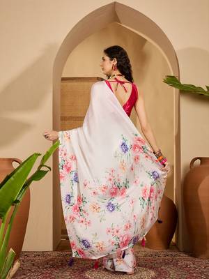 white satin georgette printed saree with unstitched blouse 3