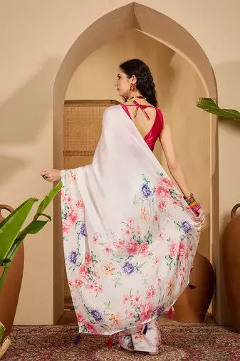 white satin georgette printed saree with unstitched blouse