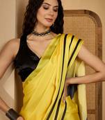 yellow satin georgette printed saree with unstitched blouse