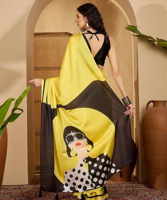 yellow satin georgette printed saree with unstitched blouse 3