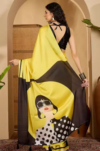 yellow satin georgette printed saree with unstitched blouse