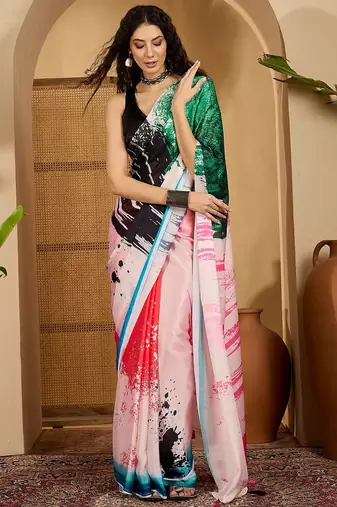 multi satin georgette printed saree with unstitched blouse