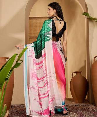 multi satin georgette printed saree with unstitched blouse 3