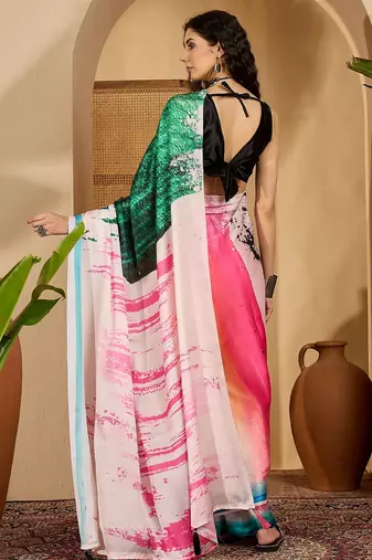 multi satin georgette printed saree with unstitched blouse