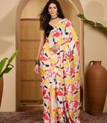 white satin georgette printed saree with unstitched blouse