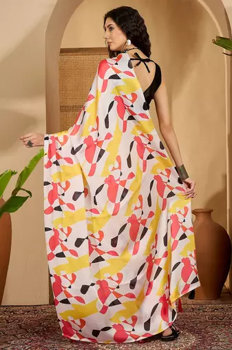 white satin georgette printed saree with unstitched blouse