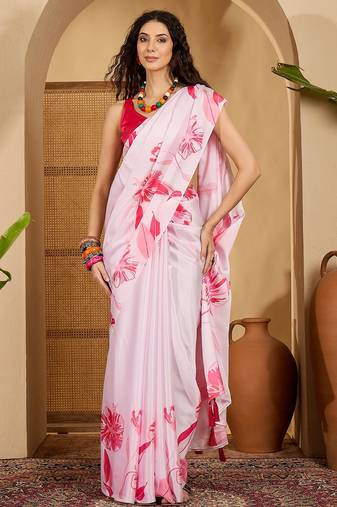 bay pink satin georgette printed saree with unstitched blouse