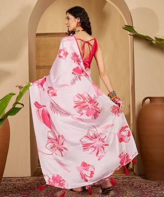 bay pink satin georgette printed saree with unstitched blouse 3