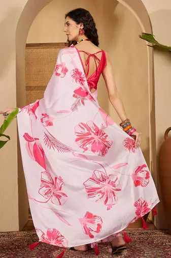 bay pink satin georgette printed saree with unstitched blouse