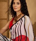 white satin georgette printed saree with unstitched blouse