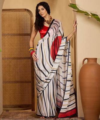 white satin georgette printed saree with unstitched blouse 2