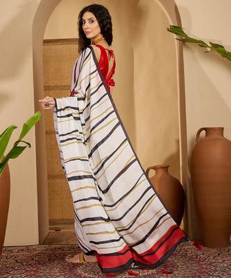 white satin georgette printed saree with unstitched blouse 3