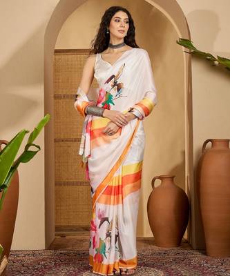 white satin georgette printed saree with unstitched blouse 2