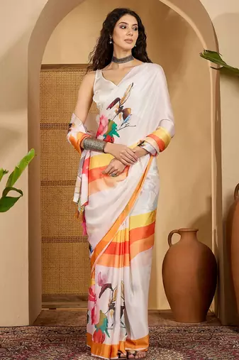 white satin georgette printed saree with unstitched blouse