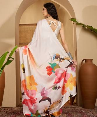 white satin georgette printed saree with unstitched blouse 3