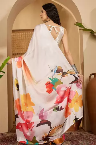 white satin georgette printed saree with unstitched blouse