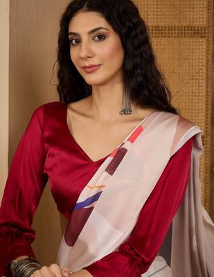 off white satin georgette printed saree with unstitched blouse 1
