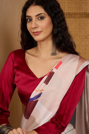 off white satin georgette printed saree with unstitched blouse